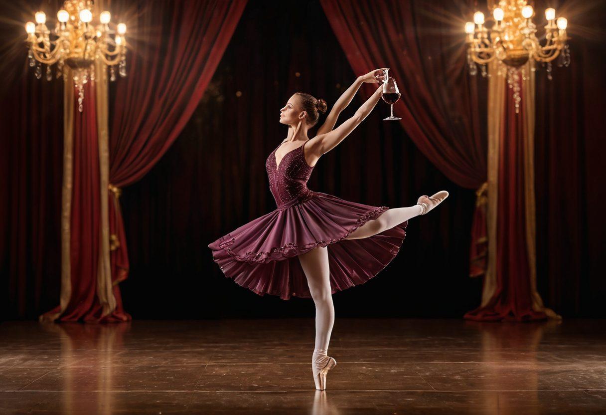 A graceful ballet dancer elegantly balancing on one leg while holding a glass of wine, set against the backdrop of a beautifully lit theater stage. The scene showcases a fusion of art and sophistication, with flowing drapes and rich colors, emphasizing the elegance of both dance and fine wine. In the foreground, a wine bottle and glass sparkle under soft stage lights. super-realistic. vibrant colors. theatrical ambiance.