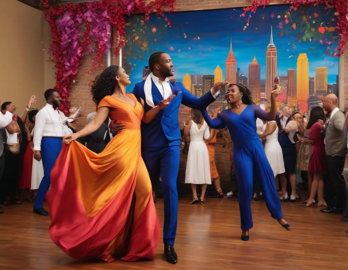A vibrant scene of an elegant wine tasting event intertwined with a lively dance performance in Atlanta, showcasing a diverse group of artists and attendees enjoying both wine and art. The backdrop features iconic Atlanta landmarks, with swirling colors of wine and dance movement flowing together, igniting a festive atmosphere. Include glasses of wine, colorful costumes, and musical notes to capture the spirit. super-realistic. vibrant colors. 3D.